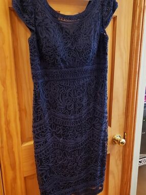 Mon Cheri Navy Lace Midi Dress with Floral Applique